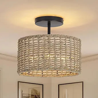 Boho Light Fixtures Ceiling Mount,12.6" Rattan Ceiling Light Fxiture,3-Light Semi Flush Mount Light Fixture,Farmhouse Wicker Ceiling Light for Hallway Bedroom Kitchen Nursery Entryway