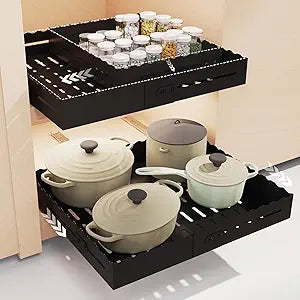 Expandable Pull Out Cabinet Organizer - Adjustable Width 12-18" & Depth 13-23", 3-Rail Heavy Duty Slide Out Drawer, No-Drills Adhesive Mount, Fits Lip & Lip-Free Cabinets(Black)