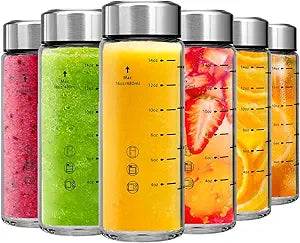 Glass Juice Bottles 6 Pack 16 oz - Wide Mouth Glass Water Bottles with Lids - Borosilicate,Stainless Steel Lids for Juicing, Smoothies, Infused Water, Beverage Storage, Leakproof, Reusable, BPA Free