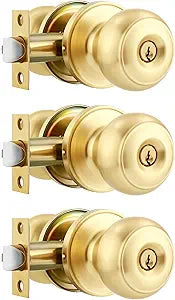 3 Pack Gold Ball Door Knob, Satin Brass Round Front Door Handle Gold Entry Door Lock for Right or Left Handed Doors