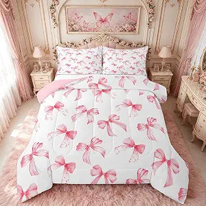 Feelyou Kawaii Pink Bow Bedding Set for Kids Boys Girls Full Size Cute