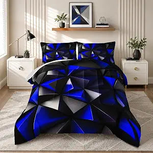 Blue and Black Bedding Set Queen Size,Geometric Pattern Comforter Set for Kids Boys Girls Geometry Room Decor,Art Aesthetic Bedding with 2 Pillowcases.