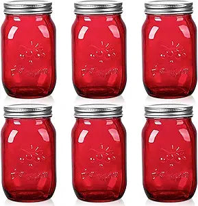 Amzcku 32oz Red Mason Jars with Lids, 6 Pack Wide Mouth Quart Canning Jar, Safe For Storage, Canning, Pickling, Preserving, Fermenting, DIY Crafts & Decor