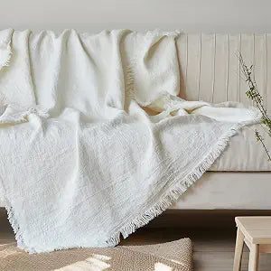 Simple&Opulence 100% Linen Throw Blanket 55x75 inches, Farmhouse Boho Tassel Blanket for Couch, Bed, Sofa, Breathable Natural Cozy Dcor, White