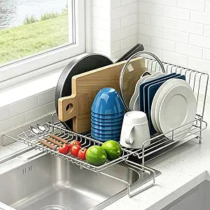 Dish Drying Rack - Stainless Steel Expandable Large Dish Drainer for Kitchen Counter, with Stainless Drain Board Rustproof Collapsible Organizer Space Saving