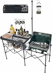 TIMBER RIDGE Portable Camping Kitchen Station, Folding Outdoor Cooking Grill Table with Heat-Resistant Steel Mesh Top & Storage Shelves, Heavy Duty Picnic RV Tailgating BBQ Easy Setup, 110lbs Capacity