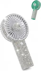 Bling Handheld Fan Portable Rechargeable, Rhinestone Mini Fan with USB-C Charging, Up to 18H Battery Life, 3-Speed Personal Hand Face Fan for Beach,Travel,Dorm Room Essentials (White)