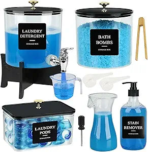 Laundry Room Organization Containers with Stand Laundry Detergent Dispenser, Clear Laundry Pods Powder Containers, Fabric Softener Bottle, Hand Soap Dispenser, Spoon, Measuring Cup, Label Sticker