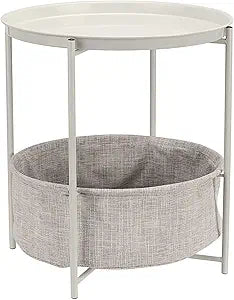 Amazon Basics Round Storage End Table, Nightstand with Cloth Basket, Bedside Table, White/Heather Gray, 17.7" L x 17.7" W x 18.9" H