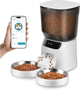 Automatic Cat Feeders WiFi for Two Cats, 5L/20 Cups Double Automatic Cat Food Dispenser with APP Control, 2 Stainless Bowls, Timer Setting 20 Portions 10 Meals Per Day