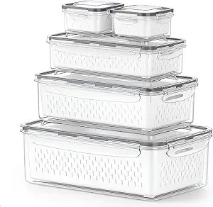 KUK 5 Pack Fruit Storage Containers for Fridge, Stackable Leakproof Food Keeper with Removable Colander, BPA-Free Produce Saver for Vegetables, Berries & Meat