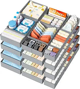 DIMJ Drawer Organizer Clothes 30 Pack - Foldable Baby Organizers and Storage & Closet Organizers for Bedroom, Closet - Nursery Organization Dresser Dividers for underwear, Sock,Bra, Belt, Tie, Gray