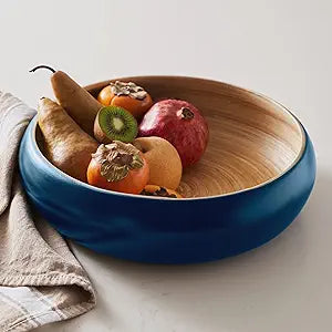Fruit Bowl for Kitchen Counter Handmade Spun Bamboo, Large 11.75" Fruit Basket, Eco-Friendly Decorative Serving Bowl for Home Decor, Produce Storage & Centerpiece (Blue)