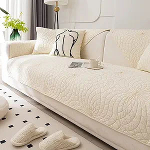 Farmhouse Couch Cover Solid Color Neutral Sofa Cover Soft Cotton Quilted Sectional Couch Covers Non Slip Washable Sofa Slipcover Furniture Protector for Living Room (Ivory E,36"x94")