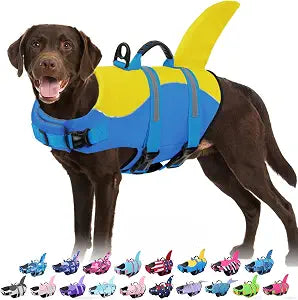 Bess Bridal Dog Life Jacket - Shark Life Vest for Swimming Boating - Reflective Lifejacket Swimsuit for Small Medium Large Dogs - High Buoyancy Lifesaver Preserver with Rescue Handle, Blue Yellow XL