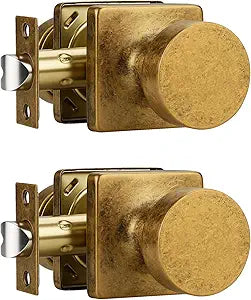 Tinewa 2 Pack Aged Brass Interior Passage Door Knob, Handle for Closet and Hallway Doors, Heavy Duty Square Non-Locking Door Knob, Keyless Door Knobs on Square Rose