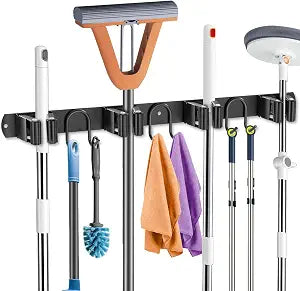 Broom Holder Wall Mount, Stainless Steel Mop Hanger with 4 Slots 6 Hooks, Tool Storage Wall Organizer for Kitchen Garden Garage Laundry Room Bathroom and RV, Black 1-Pack