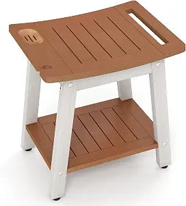 Giantex Shower Bench HIPS Waterproof - Bath Spa Seat with Storage Shelf, Soap Dish, Towel Bar, Heavy Duty Shower Stool Foot Rest Step for Shaving Legs, Seniors Bathroom Stool (Brown & White)