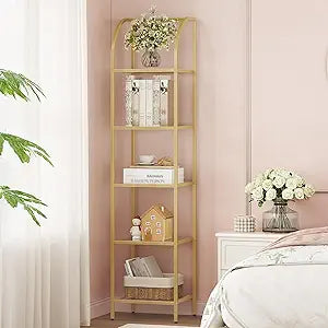 Hzuaneri Bookcase Bookshelf, Tempered Glass Arched Bookshelf for More Storage, Slim Shelving Unit for Bedroom, Bathroom, Home Office, Steel Frame, 5 Tier Gold BC20599G