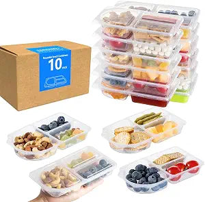 TAIHUIMY 9oz Reusable Snack Containers with Lids for Kid, New 3 Compartment Large Capacity Condiment Portion Control Meal Prep Containers for School lunch, Go out Travel, Party (10, 9, ounces)