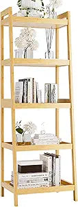 Bookshelf, 5 Tier Ladder Bookcase with Bamboo Frame, Freestanding Tall Narrow Display Plant Shelf for Living Room, Kitchen, Bedroom, Balcony, Natural