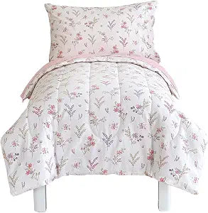 Joyreap 4 Piece Cotton Toddler Bedding Set for Girls, Flowers n Leaves Pink Design, Soft Breathable Cotton Toddler Comforter Set, Includes Quilted Comforter, Fitted Sheet, Top Sheet, and Pillow Case
