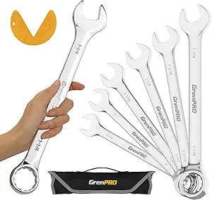 GRENPRO SAE Wrench Set, Large Wrench Set, 7-Piece 15/16", 1", 1-1/16", 1-1/8", 1-3/16", 1-1/4" Long Big Open End Wrench Tools Set Roll Up Pouch Organizer with Gauge, 12 Point Combination Wrenches Sets