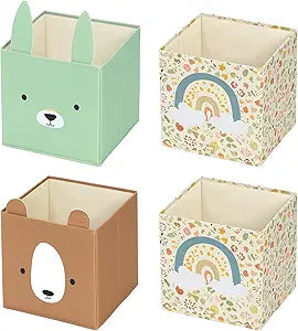 OOOK 4 Pack Foldable Fabric Storage Bins, 11.4" x 10.6" x 11.8" Cute Storage Box, Closet Organizers for Bedroom, Nursery, Shelves & Cube Storage Shelving Units (Bear, Rabbit, Rainbow Pattern)