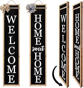 Outdoor 2in1 Welcome Sign for Front Porch Standing 45"X9" Long Vertical Leaner Tall Wood Framed Modren Rustic Farmhouse Large Home Sweet Home Signs Front Door For Outside Decor (Wood Black)