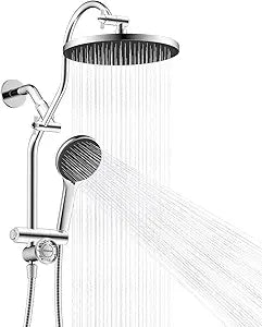 Hibbent Upgraded cUPC Certified Self-cleaning Shower Head Combo, High Pressure 10'' Rain Showerhead with 3-Spray Handheld, All Metal Arm with Easy Reach 4-way Diverter, 71" Hose & Holder, Chrome