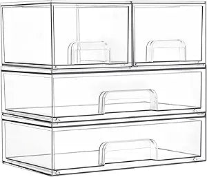 Vtopmart Stackable Storage Drawers Set of 4, Clear Plastic Organizer Bins for Bathroom Supplies,Ideal for Cabinet,Pantry,Laundry Room Organization