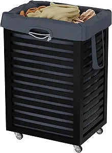 Laundry Hamper with Wheels,Rolling Laundry Basket with Removable Bag,Bamboo Clothes Hampers with Handles for Clothing, Bathroom, Bedroom, Laundry Room (Black)