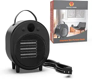 Graphene FarInfrared Mini Space Heater, 4 Modes 650/750/1000W + 3.5W Fan Only, OneButton Control, Portable Handle, Overheat Protection, Compact Personal Desk & Bedside Heater, 120V