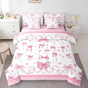 Feelyou Pink Bowknot Comforter Set with Sheets 7 Piece Full Size Dreamy