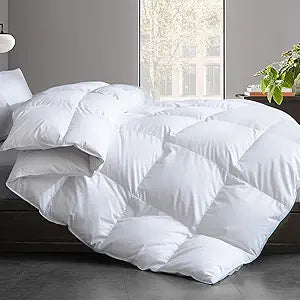 Feather and Down Fiber Comforter Insert Queen Size, 100% Cotton Cover, All Season White Duvet Insert, Fluffy Soft Hotel Luxury Bedding for Bedroom, 90 x 90 Inches