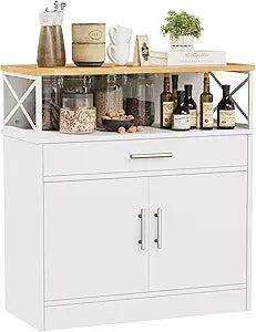 Buffet Cabinet Kitchen Sideboard with Storage and Drawer, Farmhouse Storage Cabinet for Living Room, Dining Room, Hallway, White & Yellow Top