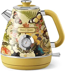Hazel Quinn X Eduardo Recife Electric Kettle - 1200W Fast Water Boiling, 1.7L/57oz, All 304 Stainless Steel Interior, BPA-Free, Auto Shut-Off, Cordless Retro Teapot with Thermometer - Floral Patterned
