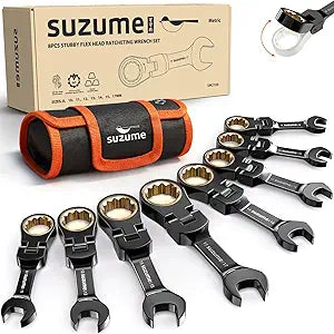 SUZUME Stubby Wrench Set 8PCS Metric (8-17mm) 180 Flexible Head 10K Gear Cycles Tested 90-Tooth CR-V Steel for Tight Engine Bays & with Motorcycle Repair with Rolling Pouch
