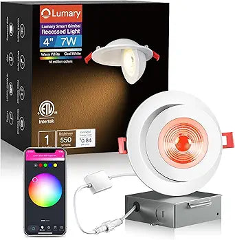 Lumary Smart Gimbal Recessed Lighting 4 Inch, 355&90 Adjustable COB Eyeball Ceiling Light, 7W 26 Beam Angle RGBCW Color Changing Canless LED Downlight, Work with Alexa/Google Assistant, ETL, 1 Pack