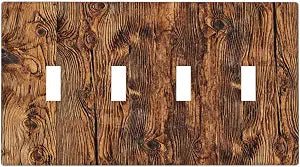 Dark Rustic Weathered Pine Wood Plank Texture Print Light Switch Covers Quad Toggle Electrical Faceplate 4 Gang Wall Plate Decorative Switch Plates Cover for Farmhouse Home Decor