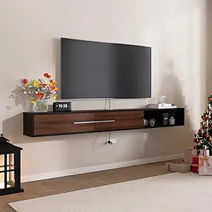 FurniNova 55 inch Floating TV Stand, Plywood Wall Mounted Media Console with 2 Doors, Modern Fireplace Mantel Shelf or Slim Entertainment Center for Living Room & Bedroom, Walnut & Black