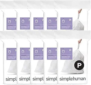 simplehuman Code P 200 Count Custom Fit Liners, Drawstring Kitchen Trash Bags, One-by-One Mess-Free Dispense, Extra Thick & Double Seamed, 50% PCR Plastic, 50-60 Liter / 13-16 Gallon, White