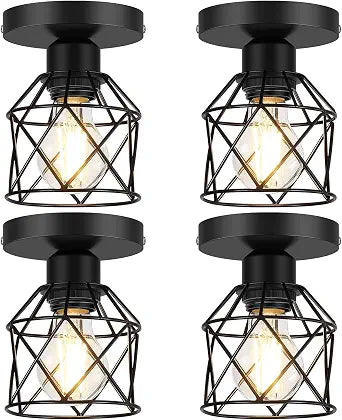 FadimiKoo 4-Pack Semi Flush Mount Light With LED Bulb, Farmhouse Hallway Ceiling Fixture, Black Retro Metal Cage Indoor Lamp for Kitchen Bedroom Entryway (E26 Base)