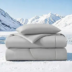 Quataly Cooling Comforter Set White Fitted Bottom Sheet and 2 Pillowscases-King Size Cooler Comforter for Summer Soft Breath 4pcs Set (1 King Comforter+1Fitted Sheets+2Pillowcases,Grey)