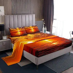 Manfei Sea Sunset Kids Sheet Set Full Size, Tropical Ocean Theme Bedding Set for Boys Girls Teens Bedroom Decor, Sunset Landscape Bed Sheet Set 4pcs (Fitted Sheet, Flat Sheet, 2 Pillowcases)