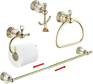 Gold Towel Bar Set Toilet Paper Holder Towel Ring Coat Hooks Shinny Bathroom Hardware Wall Mounted 4 Pieces with Crystal Ball Base Bathroom Accessories