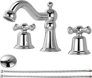 RKF Bathroom Faucets for Sink 3 Hole Chrome 8 inch Widespread Bathroom Sink Faucet with Drain 2 Handles Cross Knobs Faucet Bathroom Vanity Faucet Basin Mixer Tap CWF033-CP