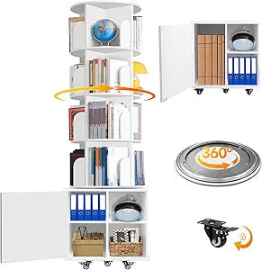 RUNSUNSPRI 6 Tier Rotating Bookshelf Spinning Bookshelf Tower 360 Revolving Bookcase with Storage Cabinet Corner Organizer Storage Round Carousel with Wheels, White