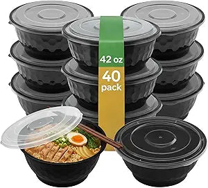 Disposable Noodle Bowls with Lids 42 oz Microwaveable Ramen & Soup Containers, Leak-Resistant, BPA-Free, Stackable Food Storage for Restaurants & Takeout 40 Sets, Black
