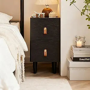 Narrow Nightstand, Solid Wood Night Stand, Mid Century Modern Side Table, 2 Drawers End Table, Small Bedside Tables for Bedroom, 9.84" W x 15.74" D x 21.65" H, Black